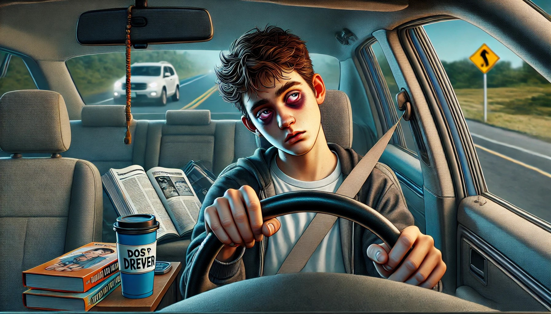 Teen driver looking tired behind the wheel, emphasizing the dangers of drowsy driving.