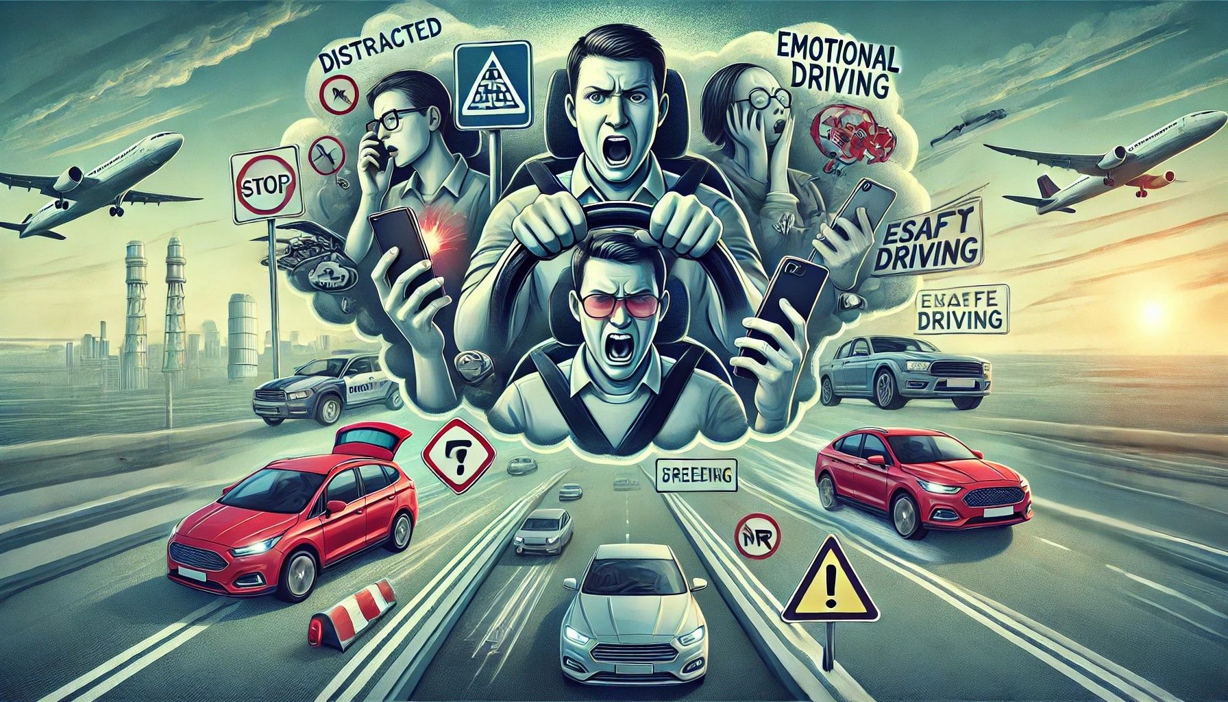 Image showing a driver focused on the road, highlighting the importance of avoiding distractions and managing emotions for safe driving.