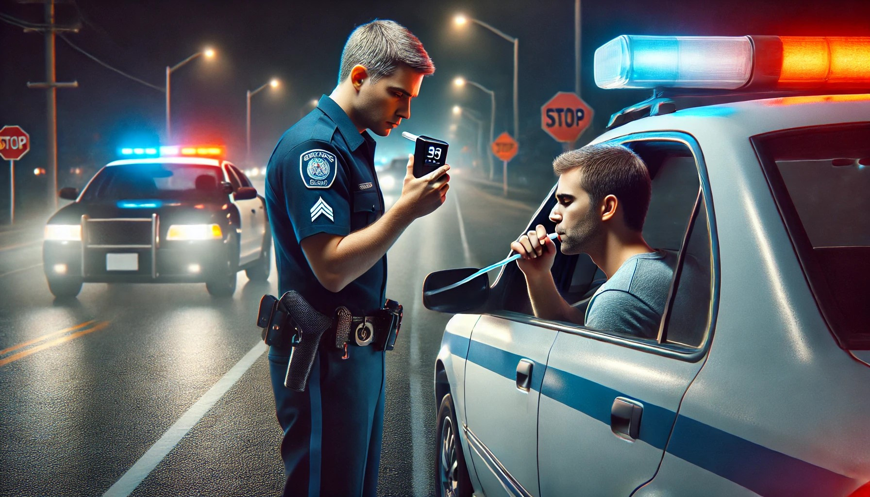 Police officer administering a breathalyzer test to a driver during a traffic stop for suspected drunk driving.