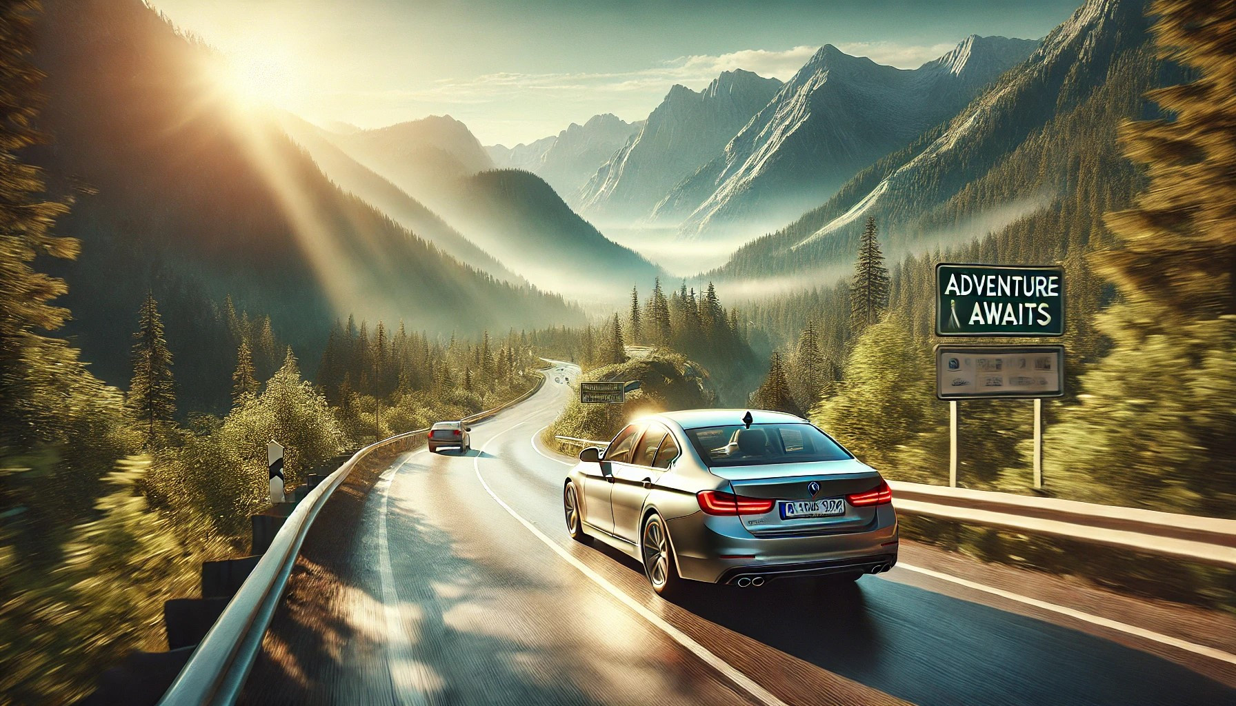 A car driving along a scenic mountain road during a road trip, showcasing the freedom and adventure of travel.