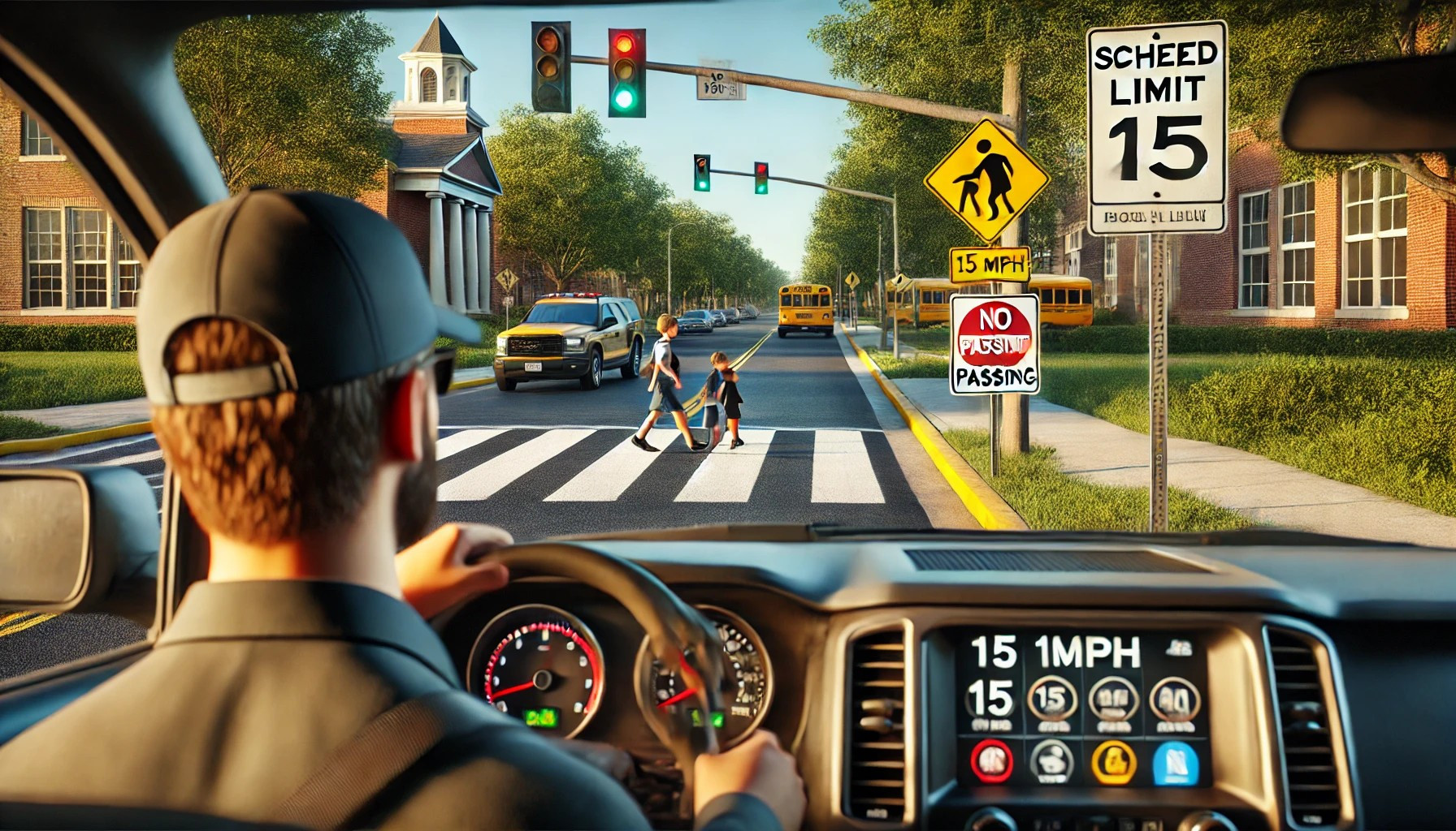 A driver carefully navigating through a school zone, following speed limits and observing safety rules to protect pedestrians.