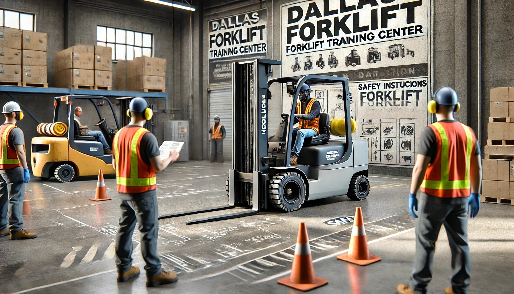 An individual completing forklift certification training in Dallas, learning safe operating practices for industrial forklifts.