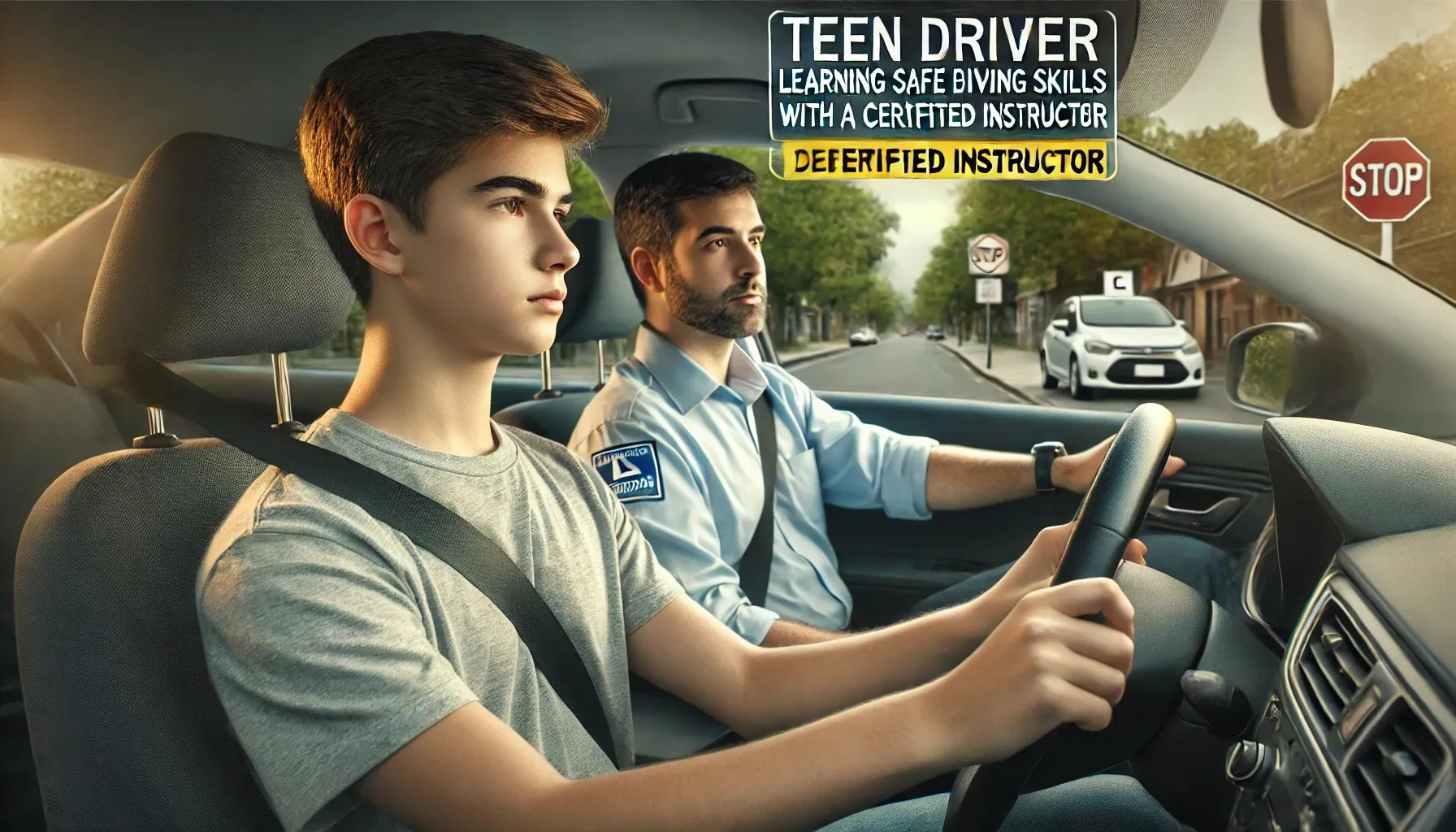 Teen driver learning safe driving skills with a certified instructor