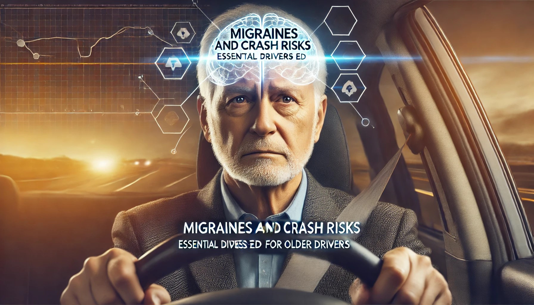 Image of an older driver experiencing a migraine while driving, highlighting the importance of drivers ed for managing health-related driving risks.