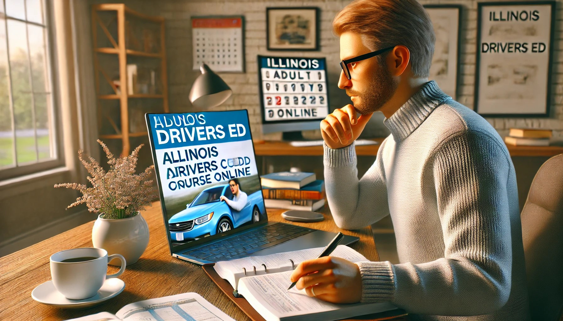 Adult driver studying for Illinois Adult Drivers Ed course online.